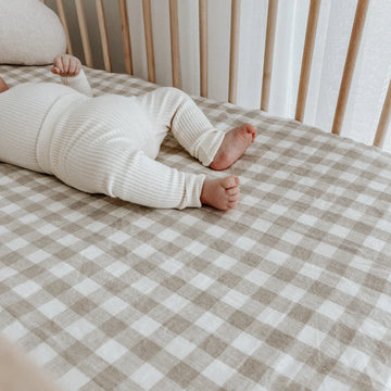 Home Lab | Linen Fitted Cot Sheet - Natural Gingham | Little Lights Co.