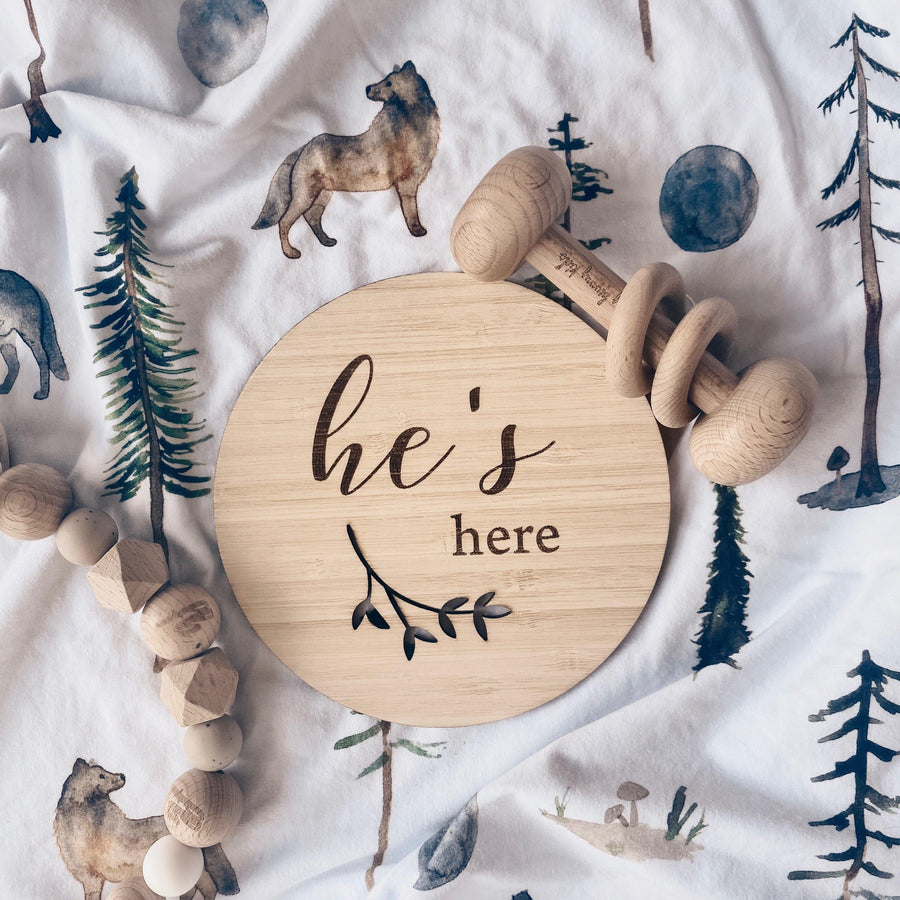 'He's Here' Announcement Plaque | Funny Bunny Kids | Little Lights Co.