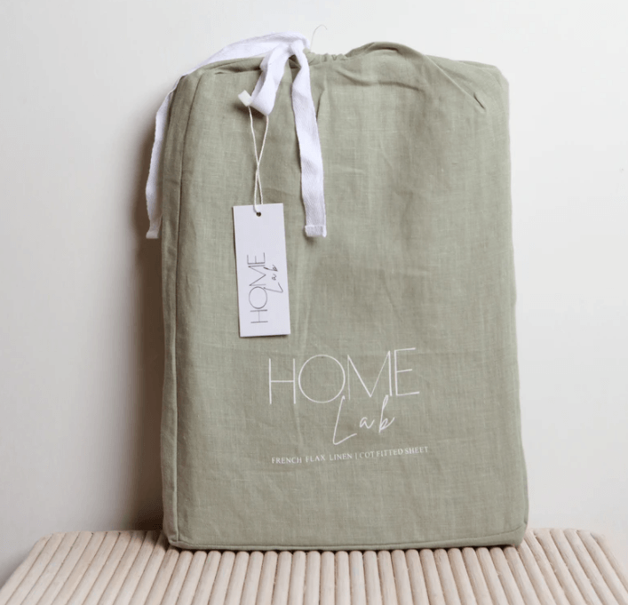 Home Lab | Linen Fitted Cot Sheet - Sage | Little Lights Co.