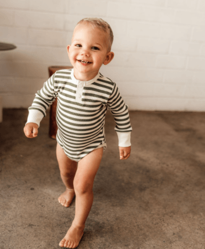 Snuggle Hunny Kids | Long Sleeve Bodysuit, Olive Stripe | Little Lights Co.