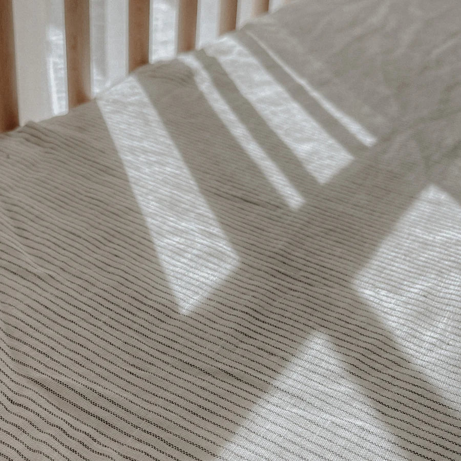 Home Lab | Linen Fitted Cot Sheet - Charcoal Pinstripe | Little Lights Co.