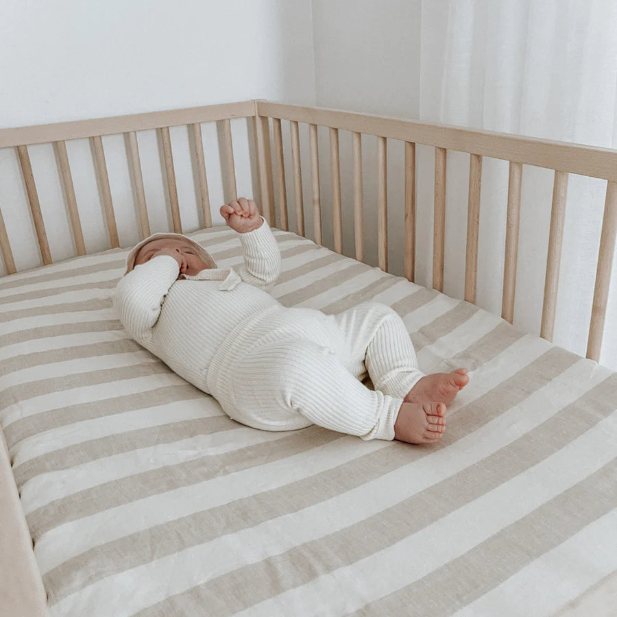 Home Lab | Linen Fitted Cot Sheet - Natural Stripe | Little Lights Co.