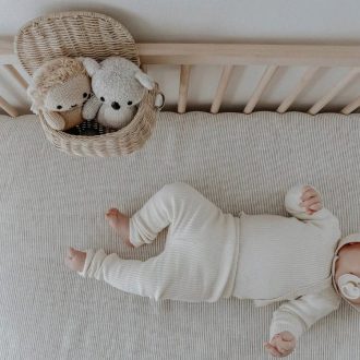 Home Lab | Linen Fitted Cot Sheet, Charcoal Pinstripe