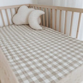 Home Lab | Linen Fitted Cot Sheet, Natural Gingham