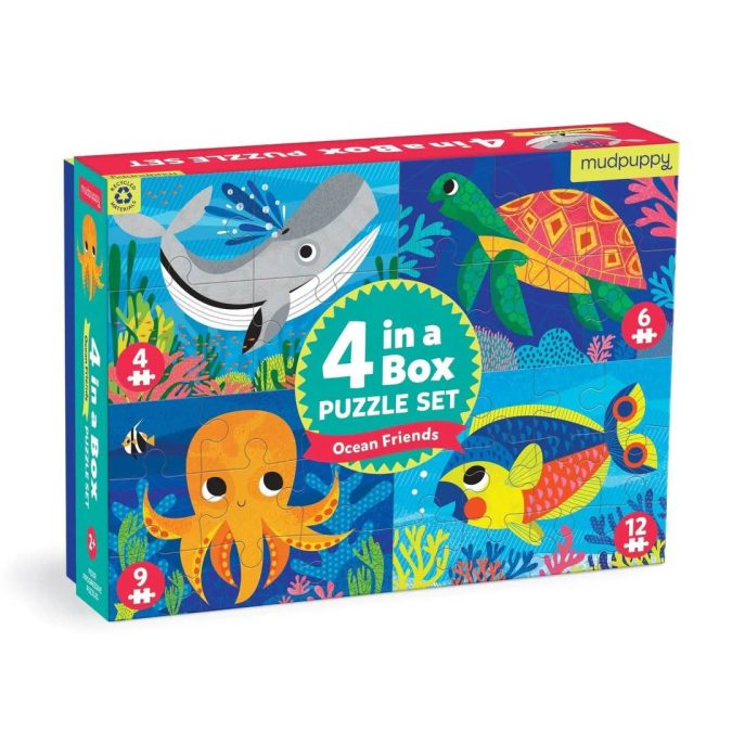 Mudpuppy | 4-in-a-Box Puzzle Set, Ocean Friends