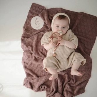 Mushie | Knitted Honeycomb Baby Blanket, Desert Rose